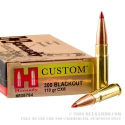 20 Rounds of .300 AAC Blackout Ammo by Hornady Custom - 110gr CX