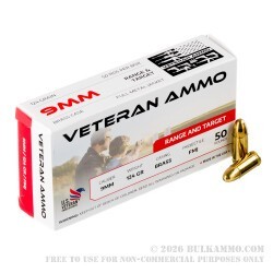 50 Rounds of 9mm Ammo by Veteran Ammo - 124gr FMJ