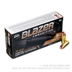 500 Rounds of 45 ACP Ammo by Blazer Brass Clean-Fire Suppressor - 230gr TMJ