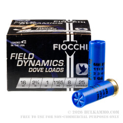 25 Rounds of 16ga Ammo by Fiocchi - 1 ounce #8 shot