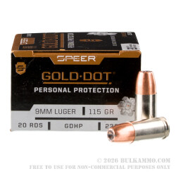 20 Rounds of 9mm Ammo by Speer - 115gr JHP