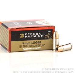 500 Rounds of 9mm Ammo by Federal Personal Defense - 147gr Hydra-Shok JHP