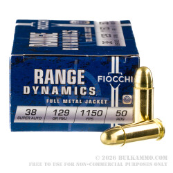 50 Rounds of .38 Super Ammo by Fiocchi - 129gr FMJ