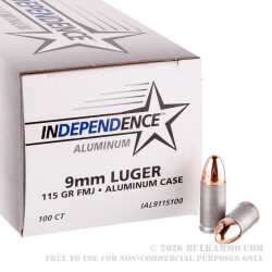 100 Rounds of 9mm Ammo by Independence (Aluminum) - 115gr FMJ