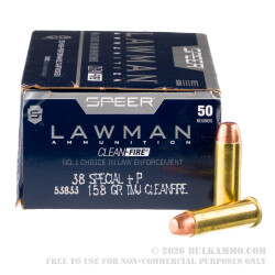 50 Rounds of .38 Spl Ammo by Speer Lawman Clean-Fire - 158gr. +P TMJ Ammo