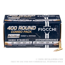 400 Rounds of 5.7x28mm Ammo by Fiocchi Combo Pack - 40gr FMJ & 40gr THP