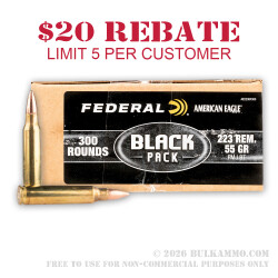 300 Rounds of .223 Ammo by Federal American Eagle Black - 55gr FMJBT