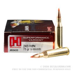 20 Rounds of .243 Win Ammo by Hornady - 75gr V-Max