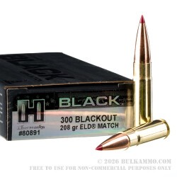 200 Rounds of .300 AAC Blackout Ammo by Hornady BLACK - 208gr ELD Match
