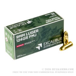 50 Rounds of 9mm Ammo by Excalibur - 124gr FMJ