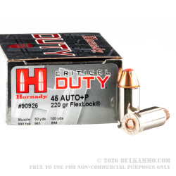 20 Rounds of .45 ACP +P Ammo by Hornady Critical Duty - 220gr JHP