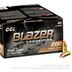 200 Rounds of 9mm Ammo by Blazer Brass - 115gr FMJ