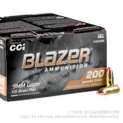 200 Rounds of 9mm Ammo by Blazer Brass - 115gr FMJ