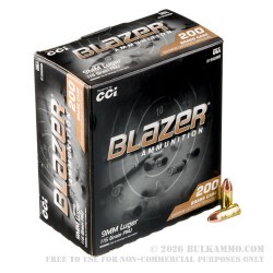 200 Rounds of 9mm Ammo by Blazer Brass - 115gr FMJ