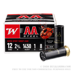 250 Rounds of 12ga Ammo by Winchester AA Steel - 1 ounce #8 steel shot