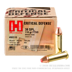 250 Rounds of .38 Spl Ammo by Hornady Critical Defense - 110gr JHP