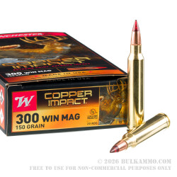 20 Rounds of .300 Win Mag Ammo by Winchester Copper Impact - 150gr Copper Extreme Point *BULLET DISCOLORATION* 20 Rounds of .300 Win Mag Ammo by Winchester Copper Impact - 150gr Copper Extreme Point *BULLET DISCOLORATION*