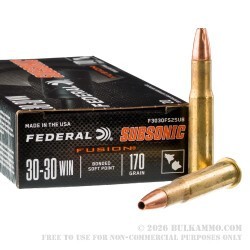 20 Rounds of 30-30 Win Ammo by Federal Fusion Subsonic - 170gr Bonded SP