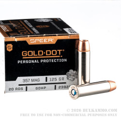 20 Rounds of .357 Mag Ammo by Speer Gold Dot - 125gr JHP