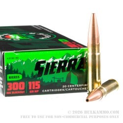 200 Rounds of .300 AAC Blackout Ammo by Sierra Outdoor Master - 115gr HP