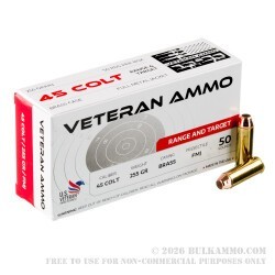 50 Rounds of .45 Long-Colt Ammo by Veteran Ammo - 255gr FMJ