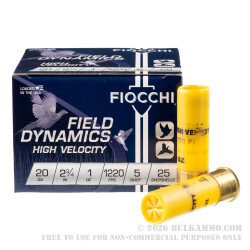 25 Rounds of 20ga Ammo by Fiocchi - 1 ounce #5 shot