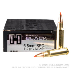 20 Rounds of 6.8 SPC Ammo by Hornady BLACK - 110gr V-MAX
