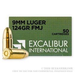 50 Rounds of 9mm Ammo by Excalibur - 124gr FMJ