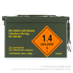 800 Linked Rounds of 5.56x45 Ammo in Ammo Can by Magtech - 62gr FMJ 800 Linked Rounds of 5.56x45 Ammo in Ammo Can by Magtech - 62gr FMJ