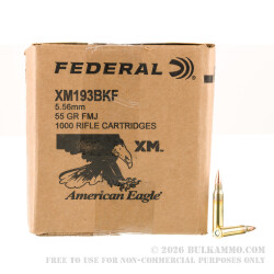 1000 Rounds of 5.56x45 Ammo by Federal American Eagle - 55gr FMJ XM193 1000 Rounds of 5.56x45 Ammo by Federal American Eagle - 55gr FMJ XM193
