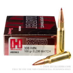 20 Rounds of .308 Win Ammo by Hornady Superformance Match - 168gr ELD Match