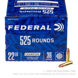 525 Rounds of .22 LR Ammo by Federal Champion - 36gr CPHP
