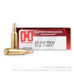 200 Rounds of .22-250 Rem Ammo by Hornady Superformance - 50gr V-MAX