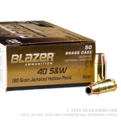 50 Rounds of .40 S&W Ammo by Blazer Brass - 180gr JHP