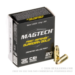 20 Rounds of 9mm Ammo by Magtech Guardian Gold - 124gr JHP 20 Rounds of 9mm Ammo by Magtech Guardian Gold - 124gr JHP