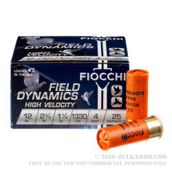 25 Rounds of 12ga Ammo by Fiocchi - 1 1/4 ounce #4 shot