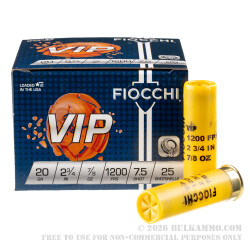 25 Rounds of 20ga Ammo by Fiocchi - 7/8 ounce #7 1/2 shot