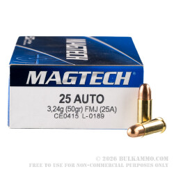 50 Rounds of .25 ACP Ammo by Magtech - 50gr FMJ