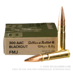 500 Rounds of .300 AAC Blackout Ammo by Sellier & Bellot - 124gr FMJ