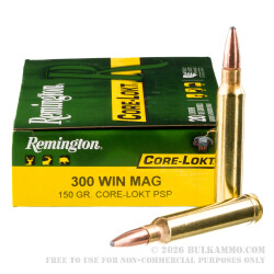 20 Rounds of .300 Win Mag Ammo by Remington Core-Lokt - 150gr PSP
