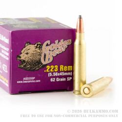 500 Rounds of .223 Ammo by Golden Bear (Brass-Plated Steel Case) - 62gr Soft Point 500 Rounds of .223 Ammo by Golden Bear (Brass-Plated Steel Case) - 62gr Soft Point