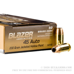 500 Rounds of .45 ACP Ammo by Blazer Brass - 230gr JHP 500 Rounds of .45 ACP Ammo by Blazer Brass - 230gr JHP