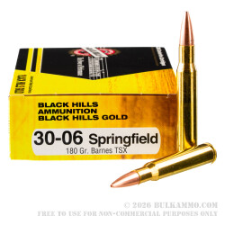 20 Rounds of 30-06 Springfield Ammo by Black Hills Gold - 180gr TSX