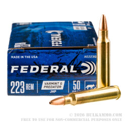250 Rounds of .223 Ammo by Federal American Eagle Varmint & Predator - 50gr JHP
