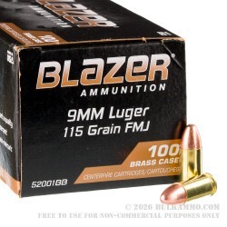 100 Rounds of 9mm Ammo by Blazer Brass - 115gr FMJ