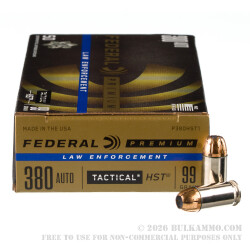 1000 Rounds of .380 ACP Ammo by Federal Tactical - 99gr HST JHP