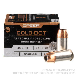 20 Rounds of .45 ACP Ammo by Speer Gold Dot Short Barrel - 230gr JHP