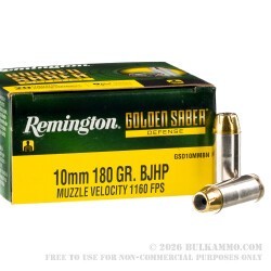 20 Rounds of 10mm Ammo by Remington Golden Saber Defense - 180gr BJHP
