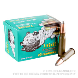 20 Rounds of 7.62x39mm Ammo by Brown Bear - 125gr SP 20 Rounds of 7.62x39mm Ammo by Brown Bear - 125gr SP