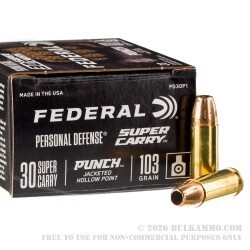 20 Rounds of .30 Super Carry Ammo by Federal Punch - 103gr JHP